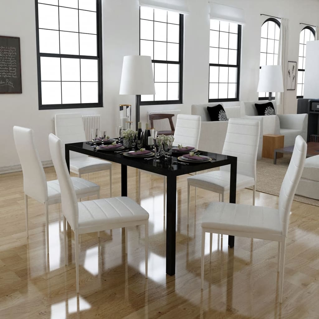 vidaXL 5/7 Piece Black White Dining Set Glass Table Artificial Leather Chairs